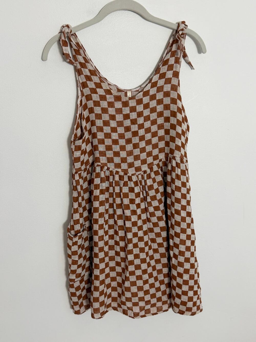 Rylee + Cru Checkerboard Linen Blend Tie Shoulder Dress Tunic Pockets XS